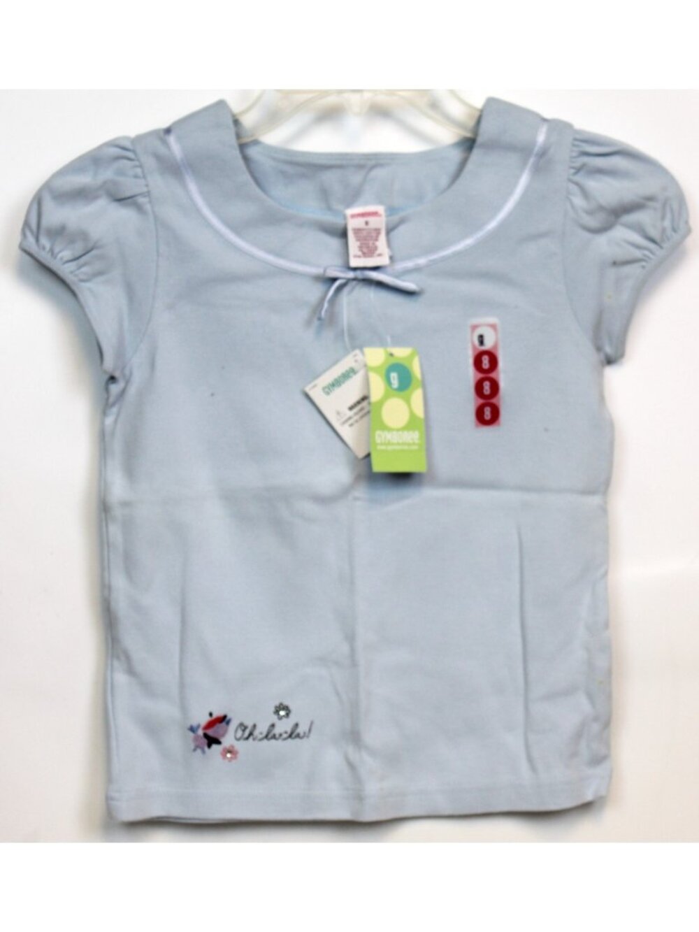 2004 Gymboree European Holiday Blue Tee sz 8 Ribbon Bow Neckline Bird Embroidery